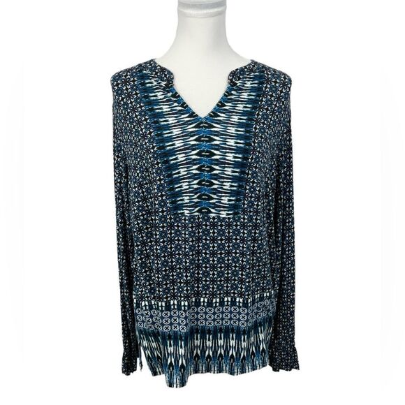 Dressbarn Blouse Women’s Size 1X Blue, White & Black Chiffon V Neck Long Sleeves - Picture 1 of 11